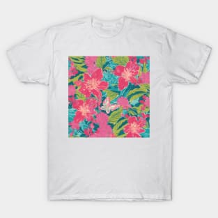 Flowers and butterflies on teal background T-Shirt